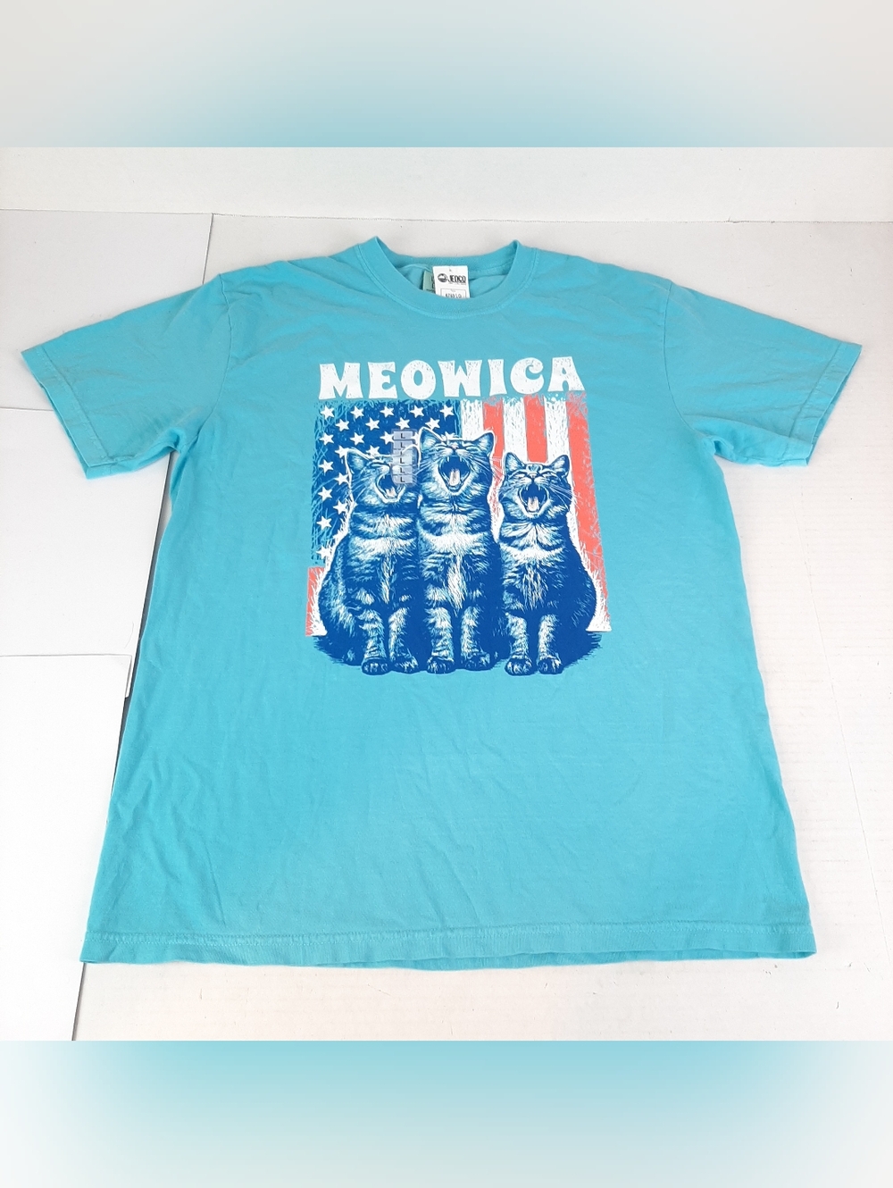 🐠🛍NWT Adult Large Blue Meowica Graphic Kitty Cat T-shirt c5